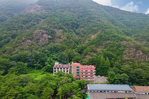 A hotel with multiple floors, surrounded by dense forest and a mountain backdrop.