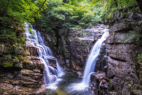 A waterfall cascading down a rocky cliff surrounded by lush greenery. - Wolsan atman (Donghae)
