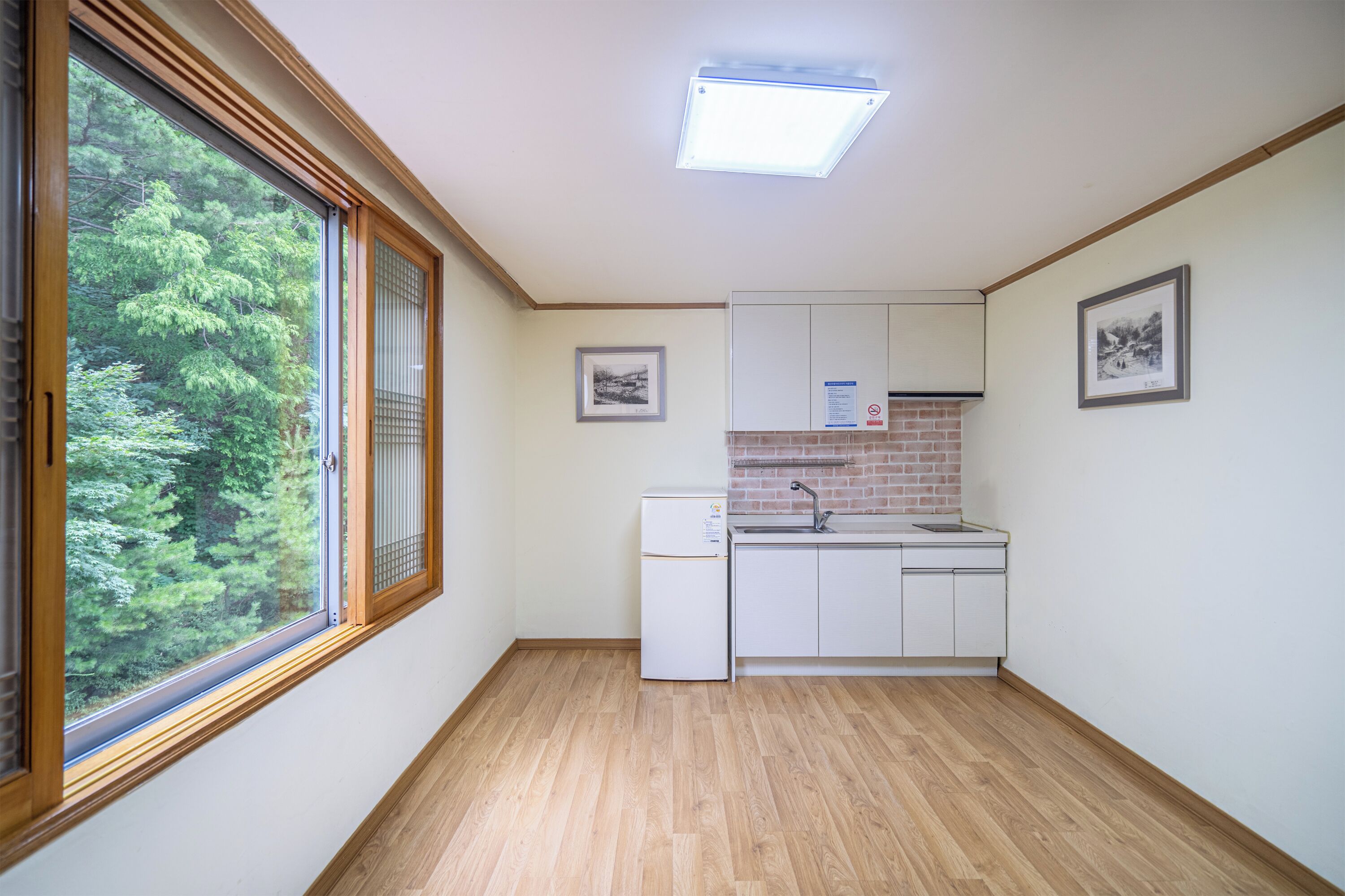Cocina pequeña con refrigerador, lavamanos y piso de madera. Se ve un ventanal con vistas a árboles y una lámpara en el techo.