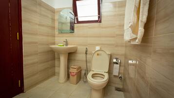 A bathroom with a toilet, sink, and mirror.