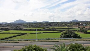 A rural landscape with fields, a road, and distant mountains. - Jun House - Hostel (Jeju City)