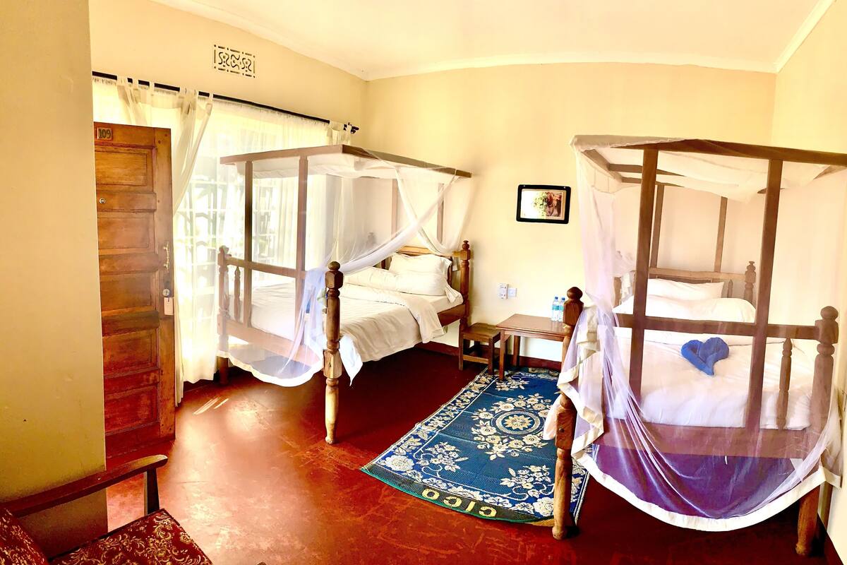 A room with two wooden beds with canopy beds, a small table, and a blue patterned rug.