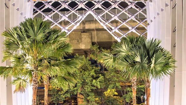 Una piscina con una estructura geométrica de sombra y palmeras.