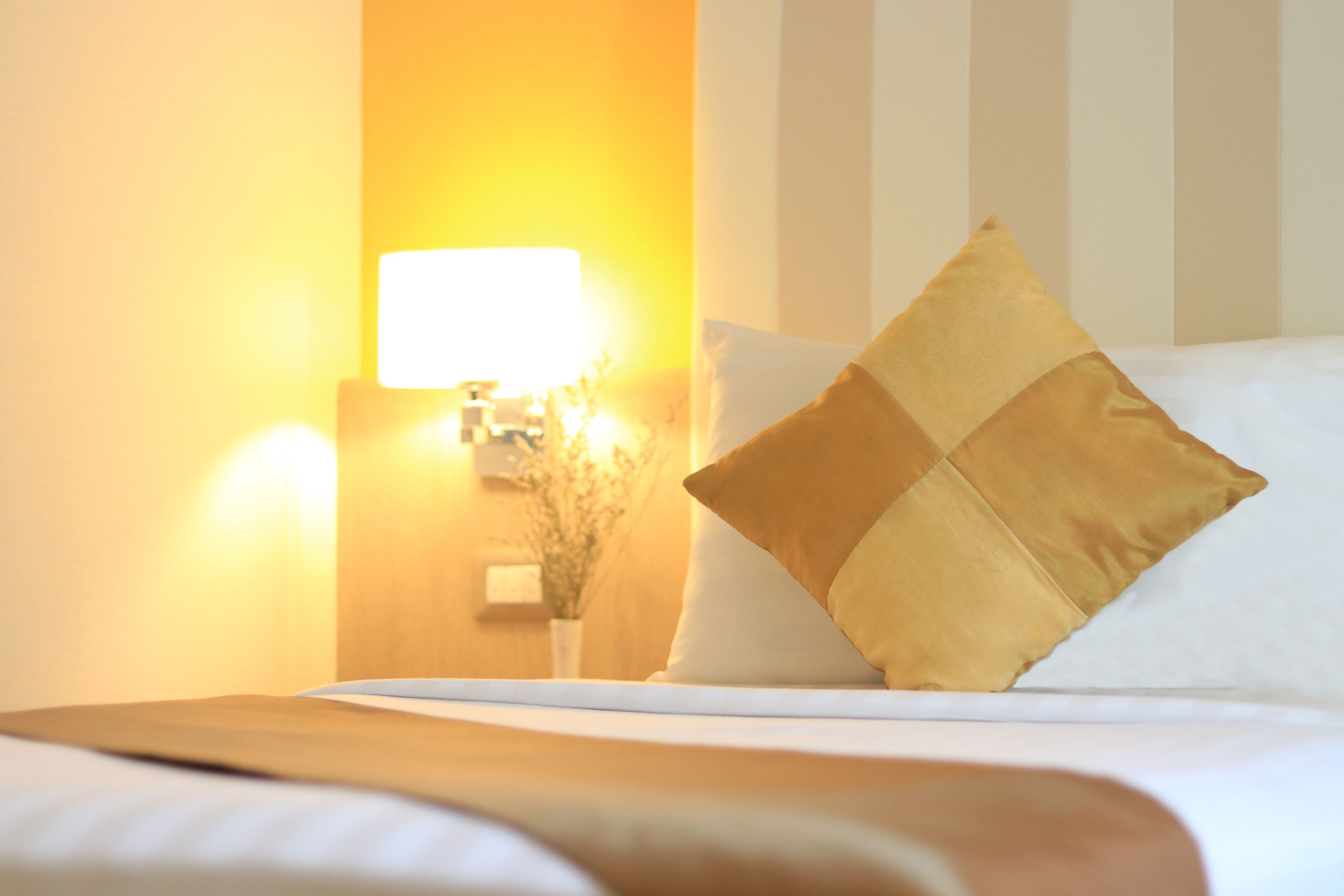 A hotel room with a neatly made bed, a bedside lamp, and a vase with dried flowers on the nightstand.