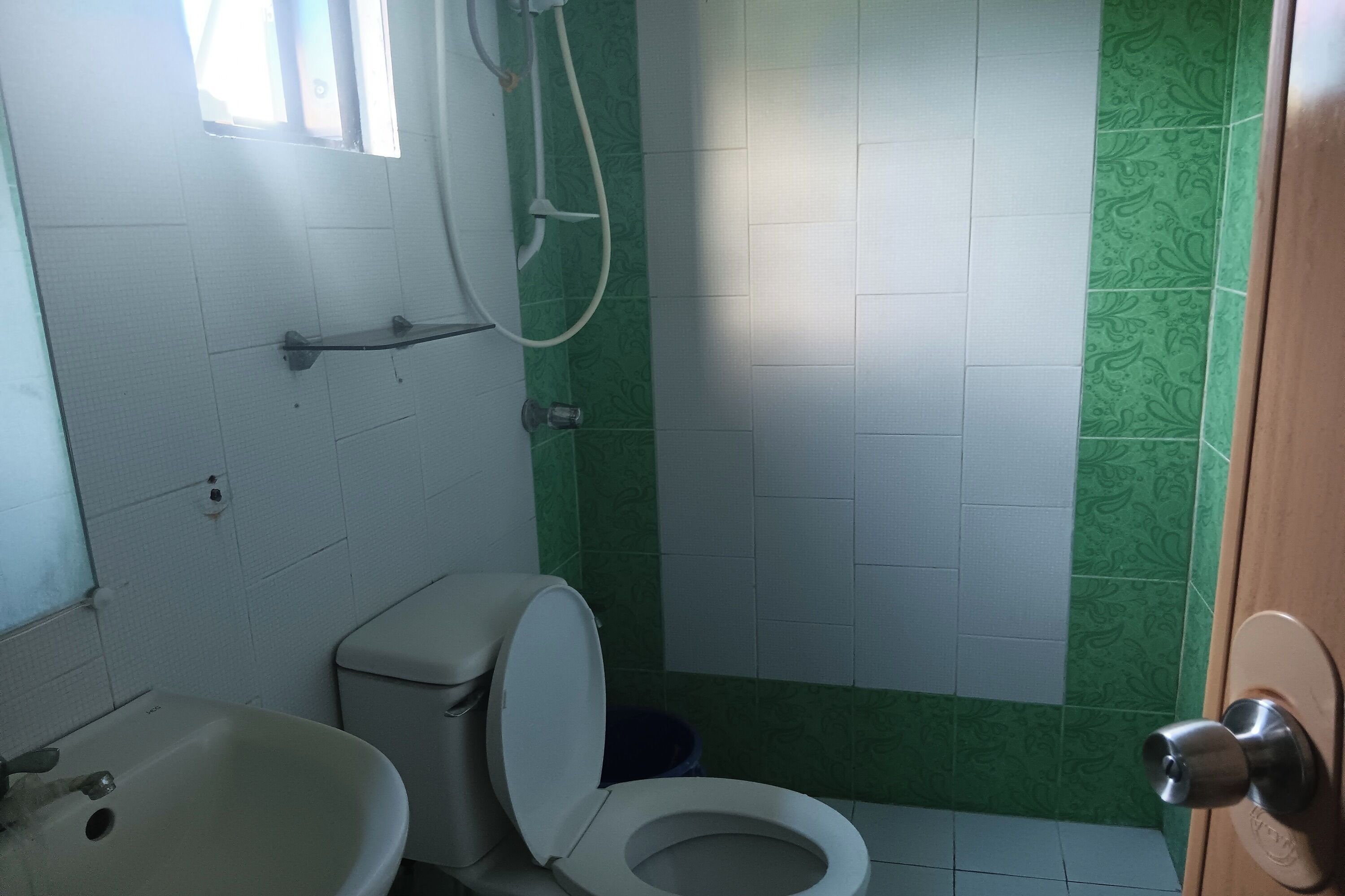 Et badeværelse med toilet, håndvask og bruser.