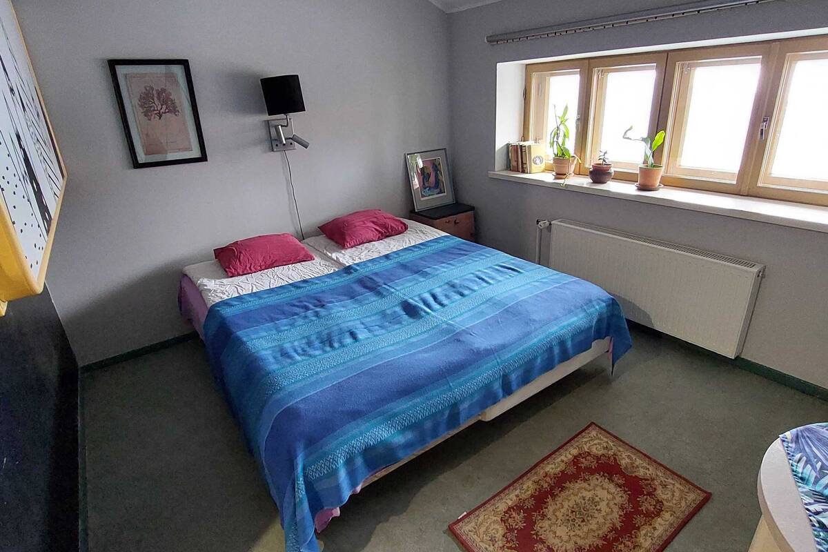 A bedroom with a bed, a desk, a chair, a radiator, a window with plants, and a hanging light fixture.