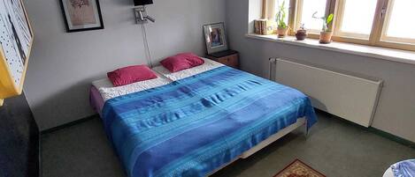 Un dormitorio con cama, escritorio, silla, radiador, ventana con plantas y lámpara colgante.