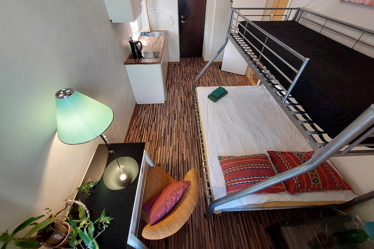 A compact room with a bunk bed, a small kitchenette, a bedside table with a lamp, and a potted plant.