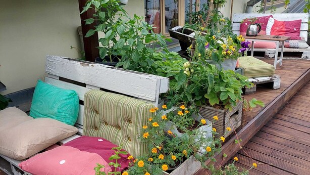 A wooden deck with a bench, potted plants, and a small table. - Looming Hostel (Tartu)
