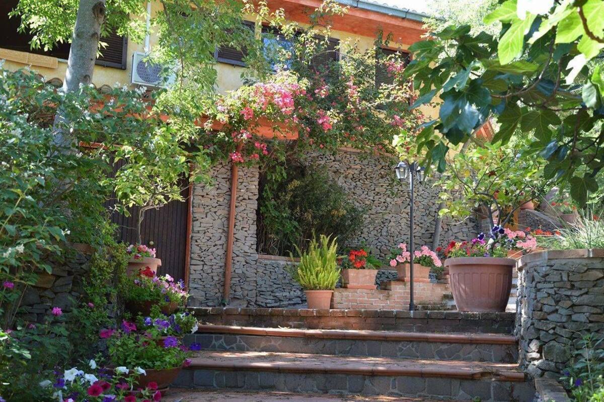 Una escalera de piedra conduce a un muro de piedra con un pequeño jardín que incluye plantas y flores en macetas.