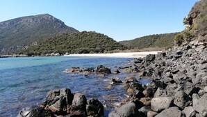 A rocky shoreline with clear blue water, a sandy beach, and a forested hill in the background. - Hotel Sant'Elene (Dorgali)