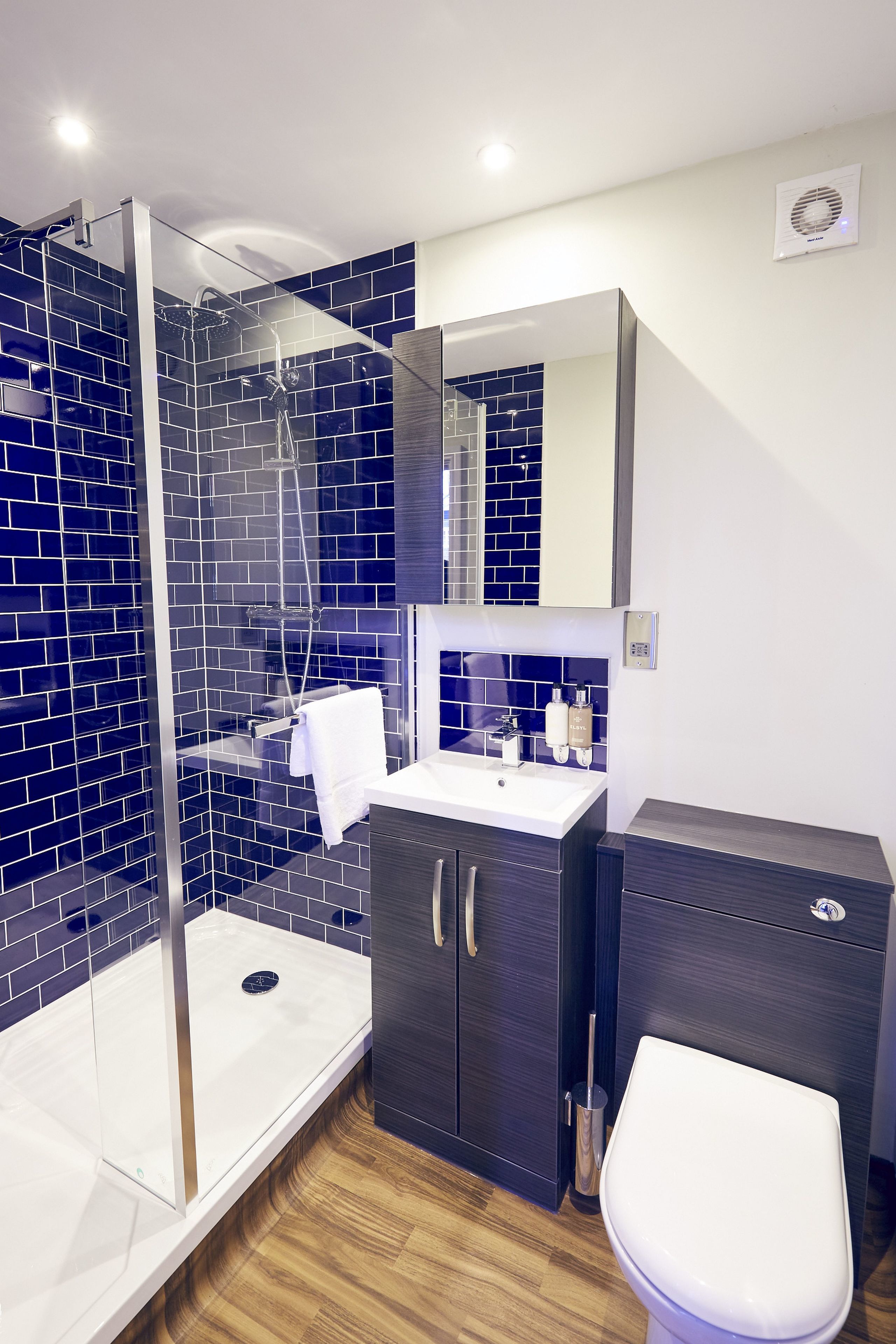 Ein modernes Badezimmer mit einer Glaskabinedusche, dunkelblauen Fliesenwänden, einem weißen Waschbecken, dunklen Holzschränken und einer weißen Toilette.