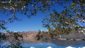 A campsite with tents and a lake, surrounded by mountains. - Pangong Heritage Camp (Leh)