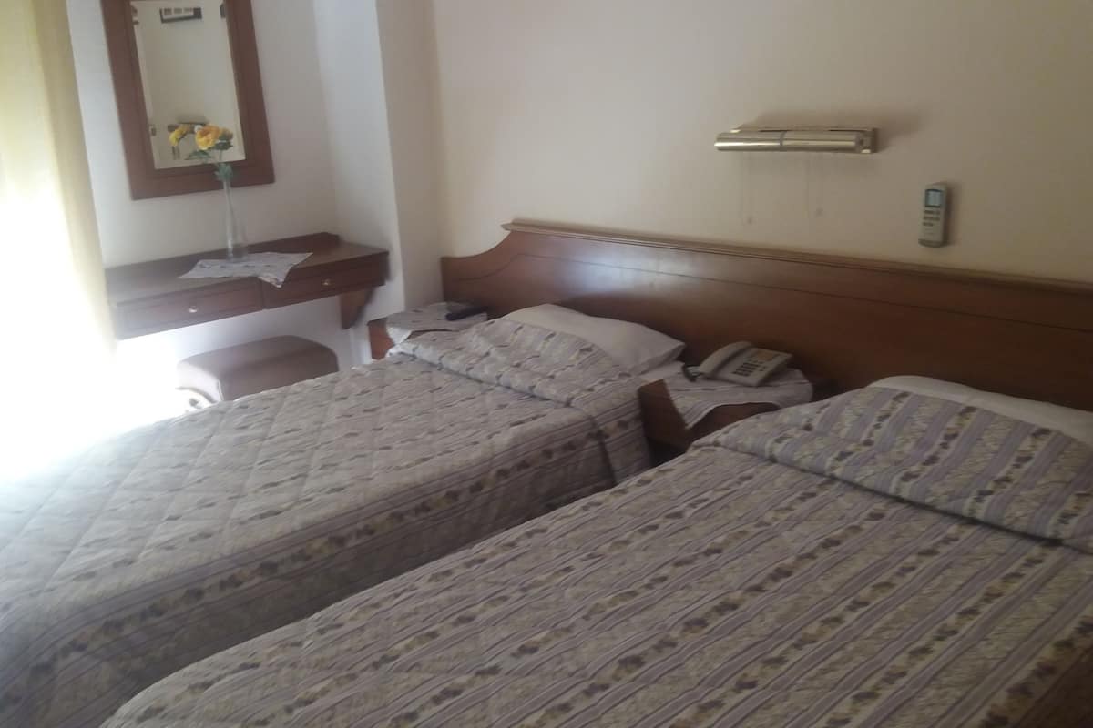 Habitación de hotel con dos camas individuales, cabecero de madera, mesita de noche con lámpara, teléfono y espejo en la pared.