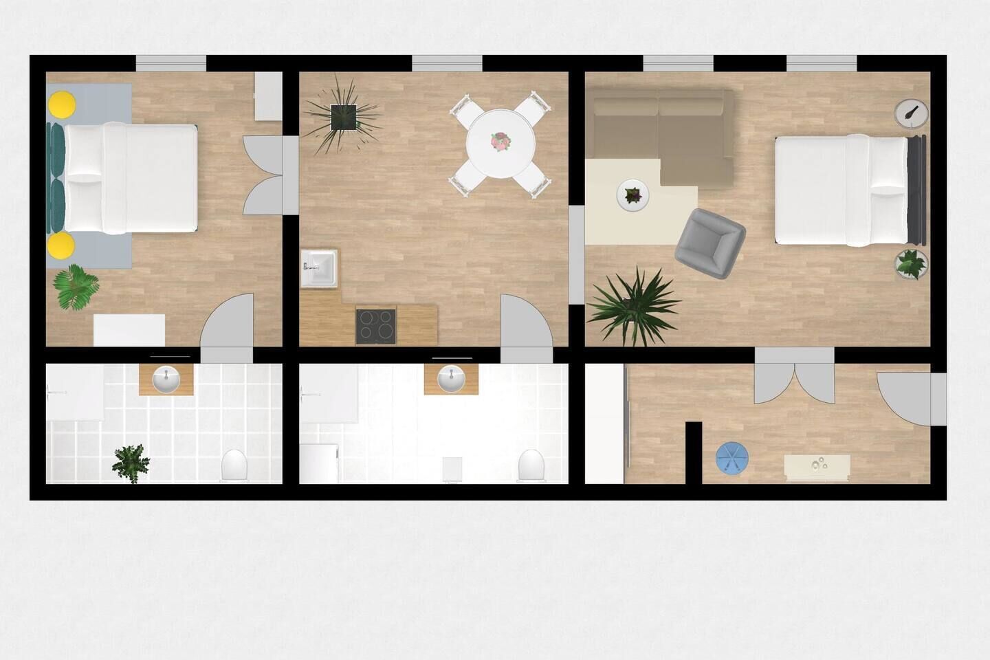 A floor plan of a hotel room with a bed, a desk, a chair, a small table, a sofa, a TV, and a bathroom.