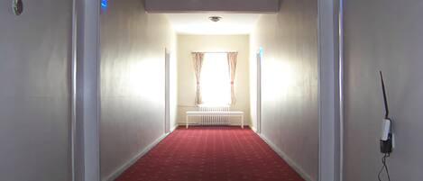 Un pasillo con alfombra roja que conduce a una habitación con radiador y cortinas.