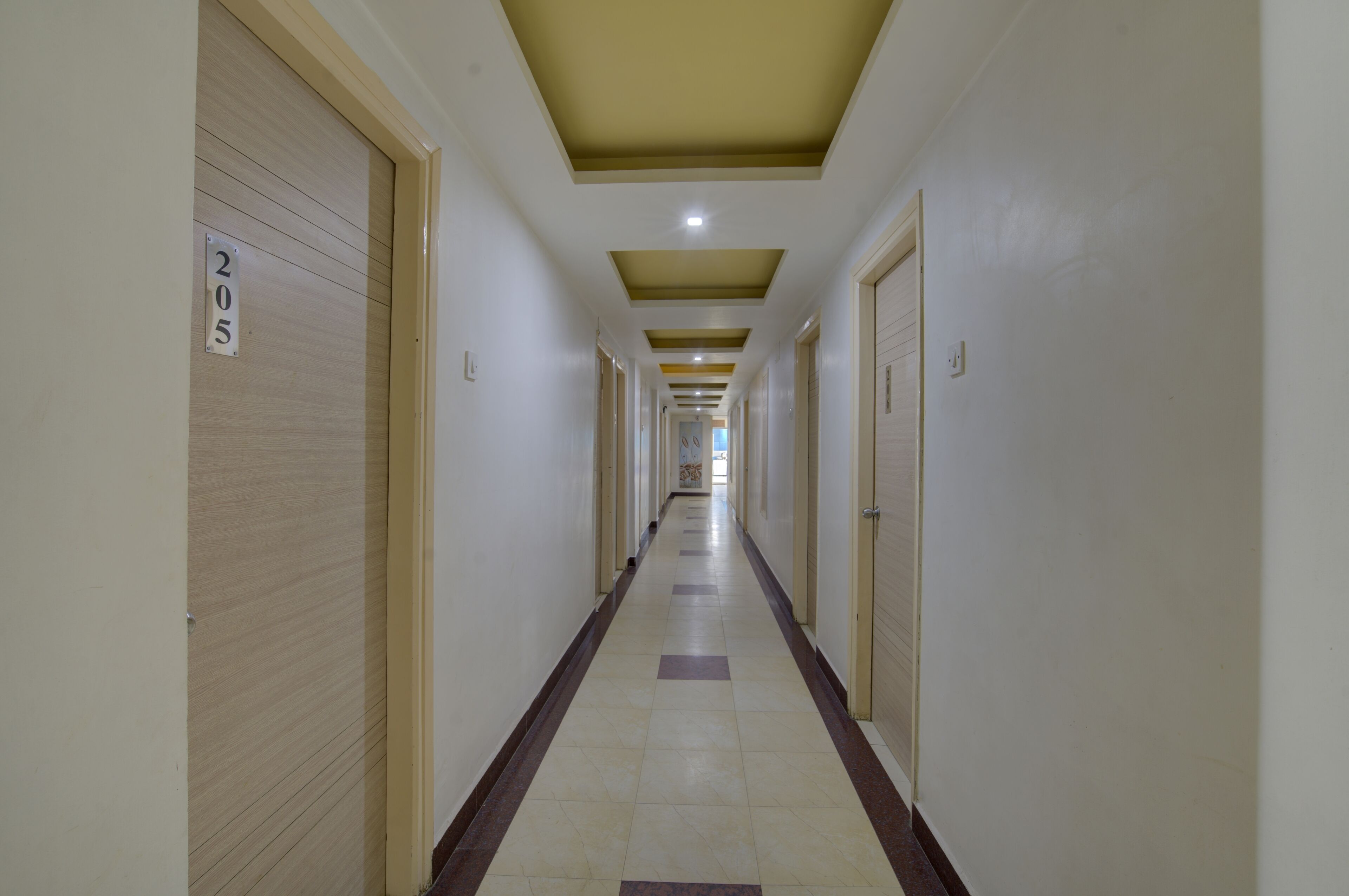 A long, narrow hallway with doors on both sides, numbered 205.