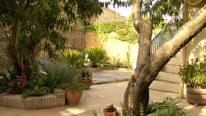 Un jardín con diversas plantas en macetas y un árbol.