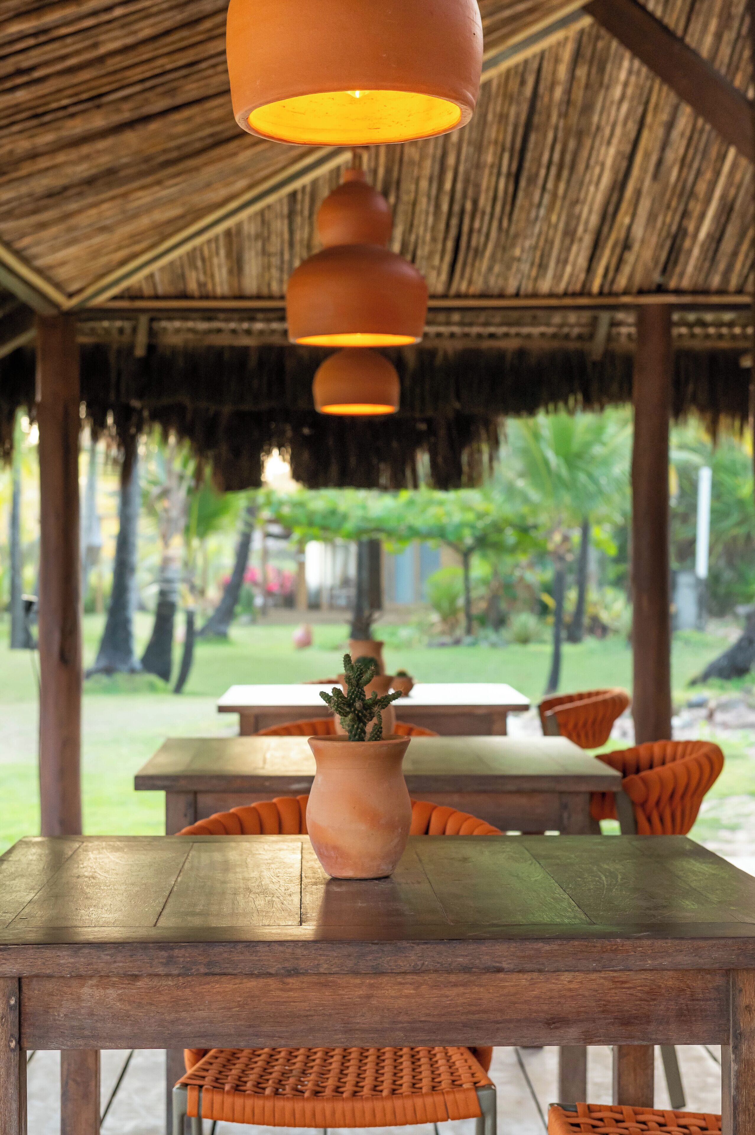 An outdoor dining area with wooden tables and chairs, a thatched roof, and a potted plant on the table.