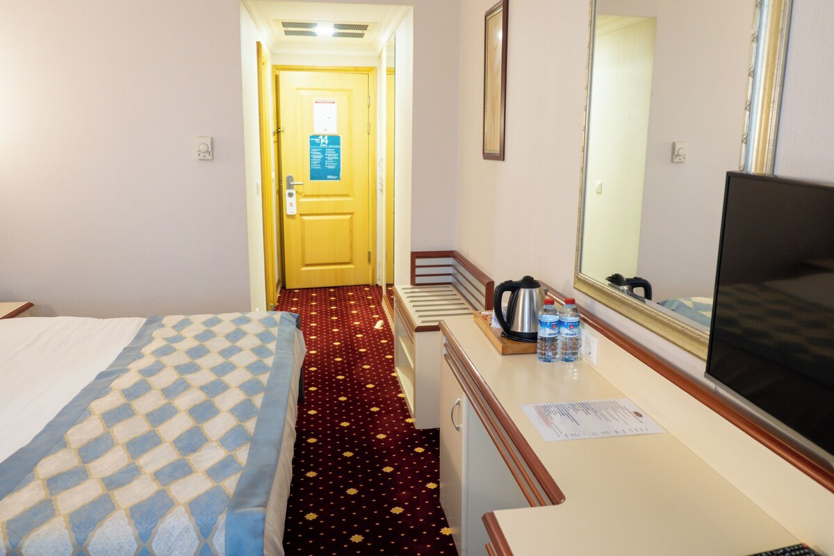 A hotel room with a bed, a desk, a mirror, a TV, and a red carpeted hallway.