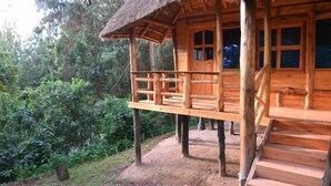 A wooden cabin with a thatched roof, a balcony, and a staircase leading to the entrance.