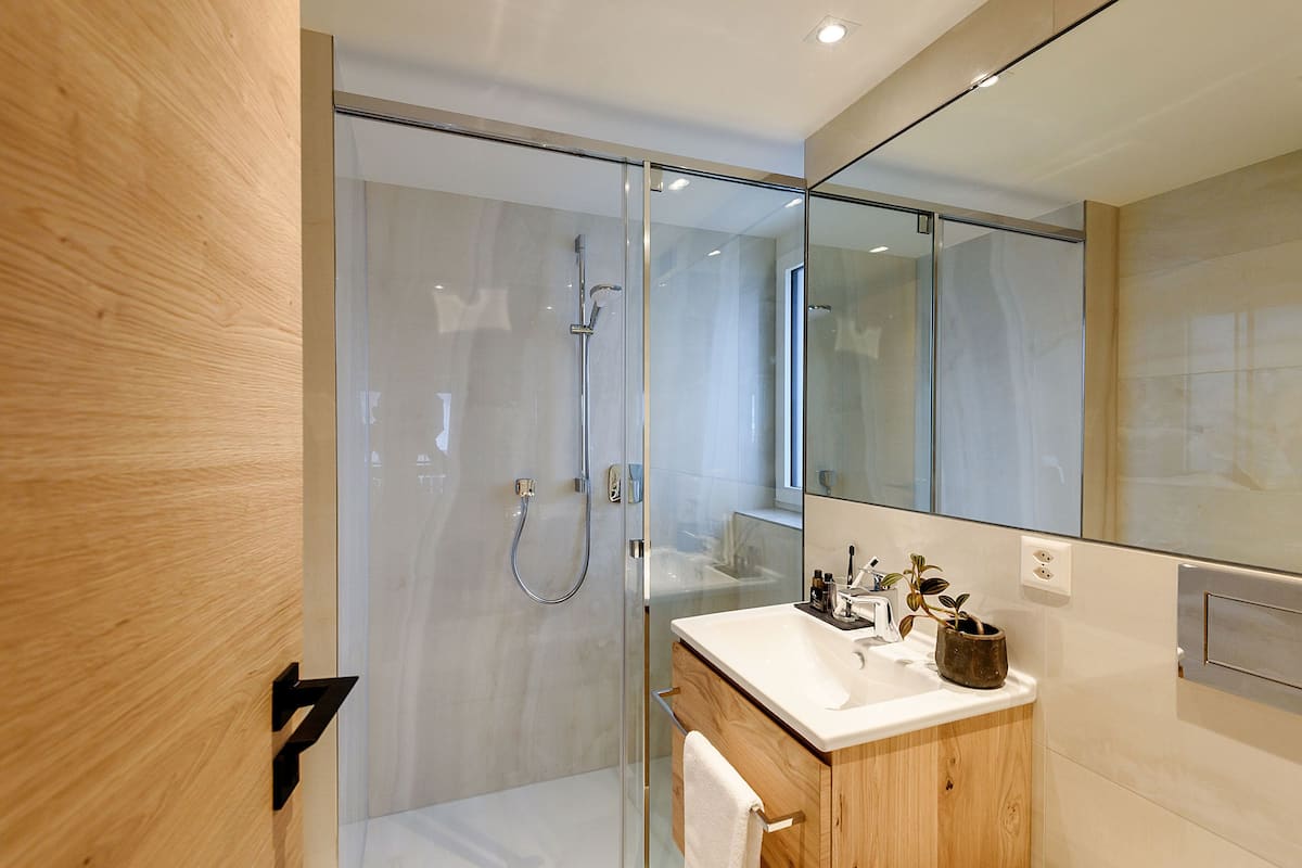 Shower, hair dryer, bathrobes, slippers