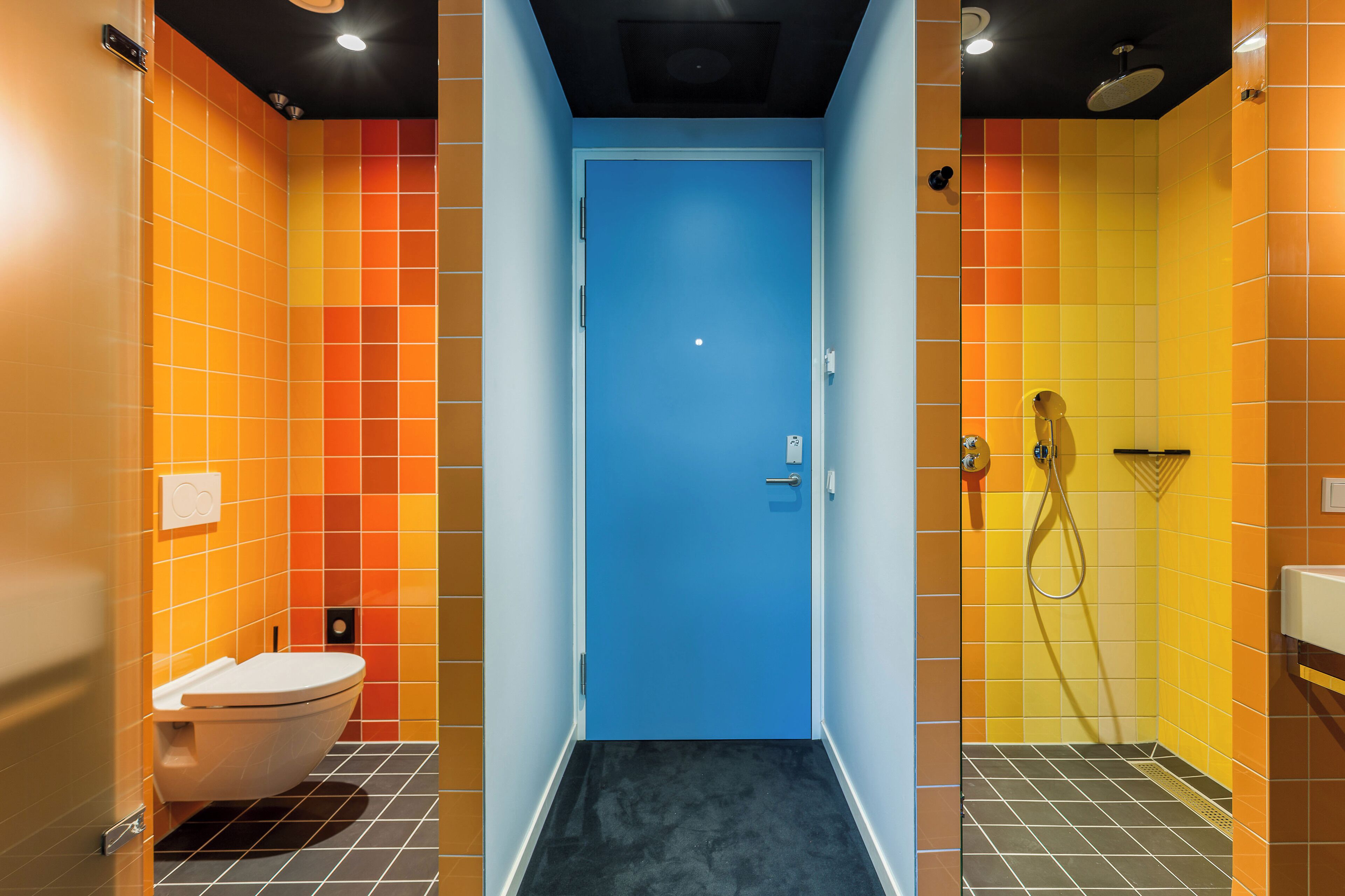 A bathroom with a blue door, a toilet, and a shower area.