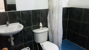 Tweepersoonskamer | Badkamer | Een douche, een haardroger, handdoeken