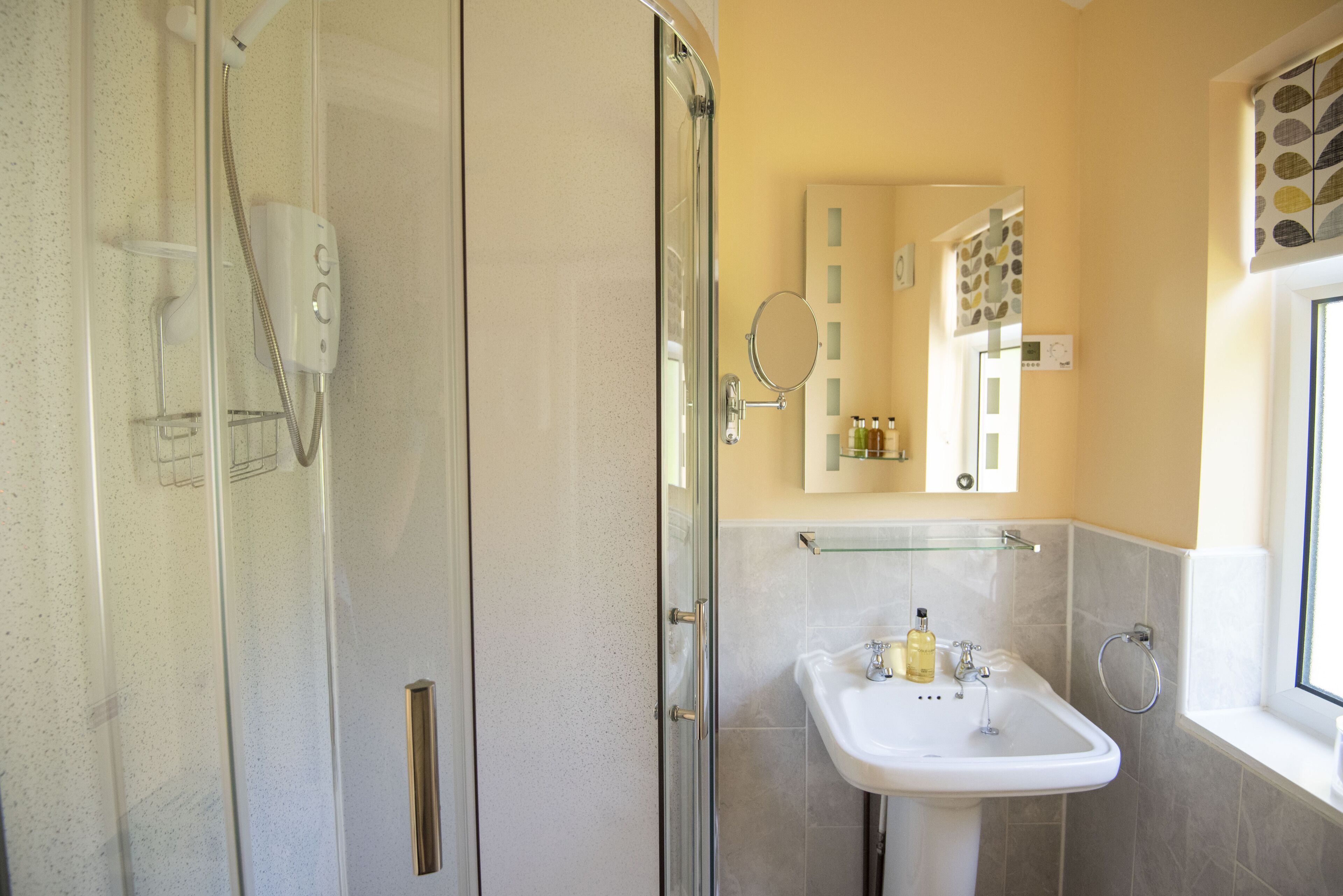 A modern bathroom with a glass shower enclosure, a white sink, and a mirror above the sink.