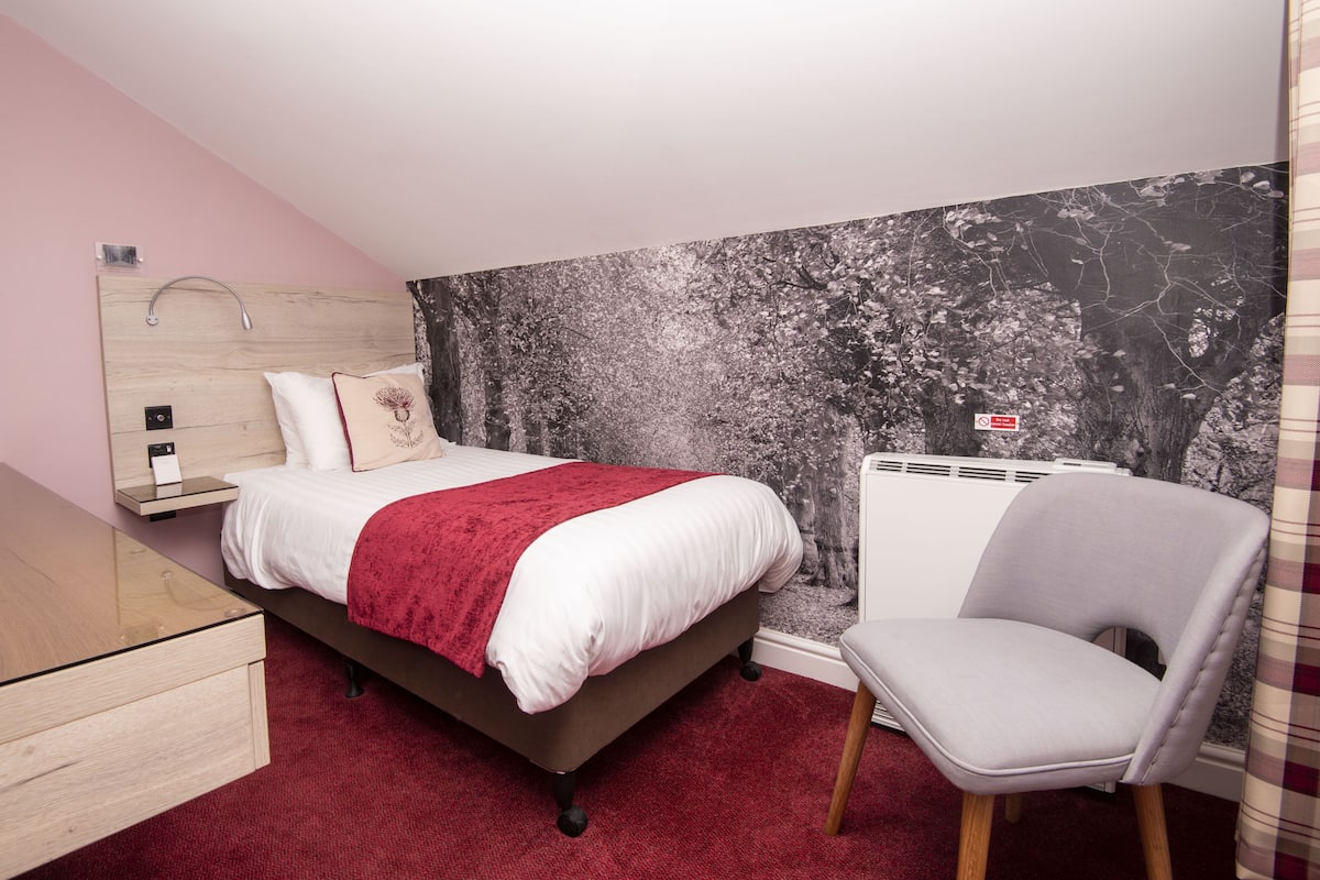 Een slaapkamer met een bed, een stoel, een bureau en een muur met een natuurdecoratie.