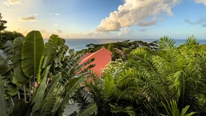 A tropical landscape with dense foliage, a red-roofed building, and a view of the sea. - Mount Edgecombe Boutique Hotel (Victoria)