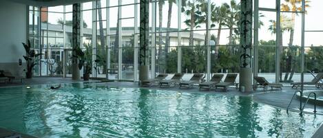 Una piscina interior con paredes de vidrio transparente, sillones de descanso y plantas en macetas.