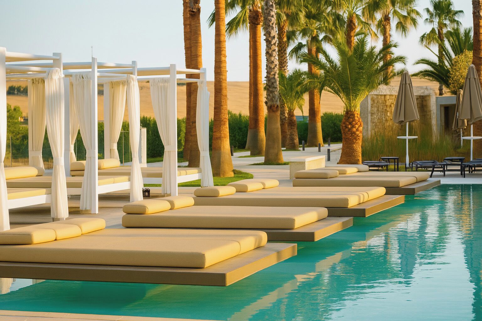 Szezonális szabadtéri medence, nyitva 10:00 és 19:00 között, napernyők