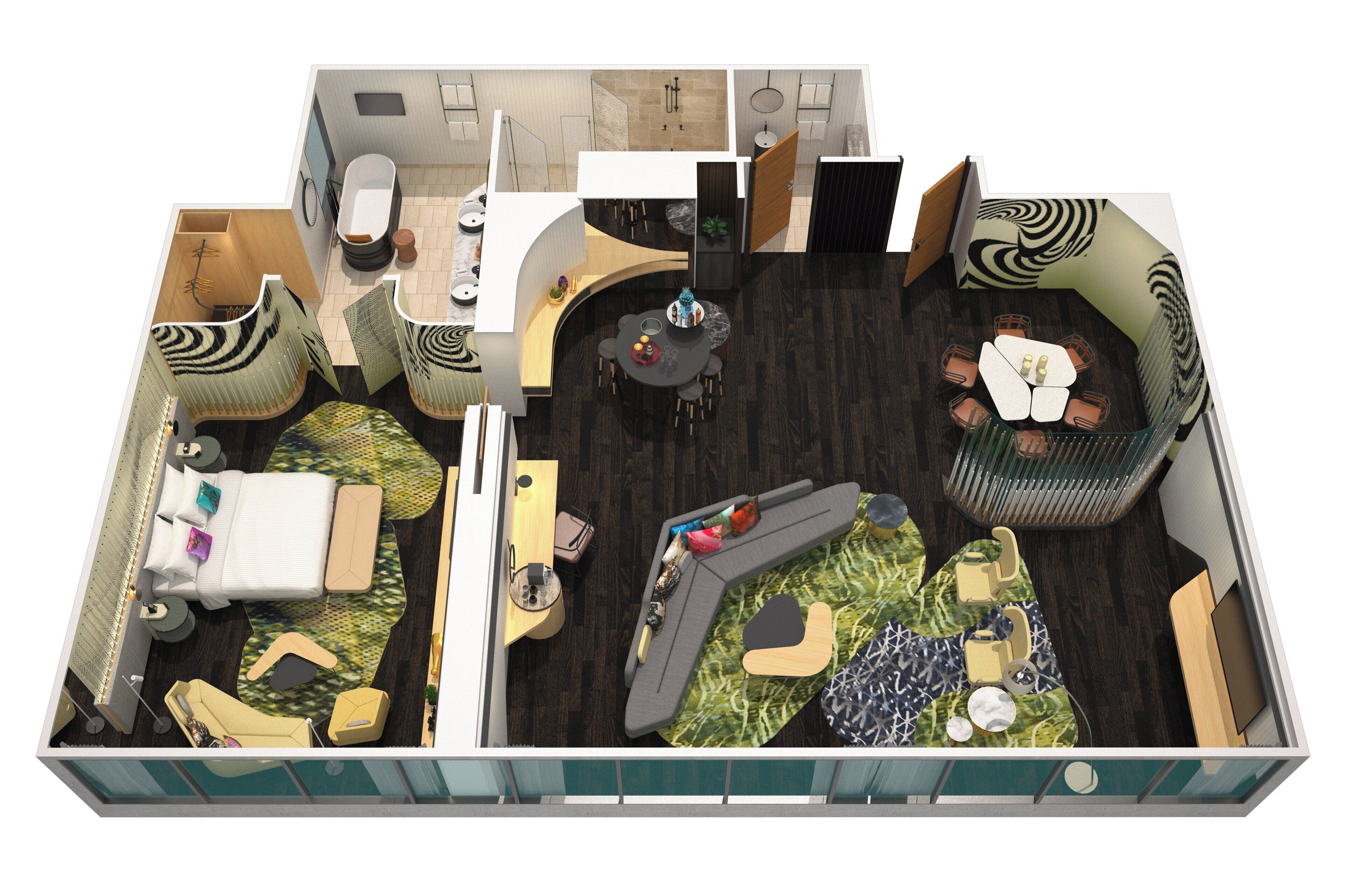 A modern hotel room with a bed, seating area, dining space, and a bathroom.