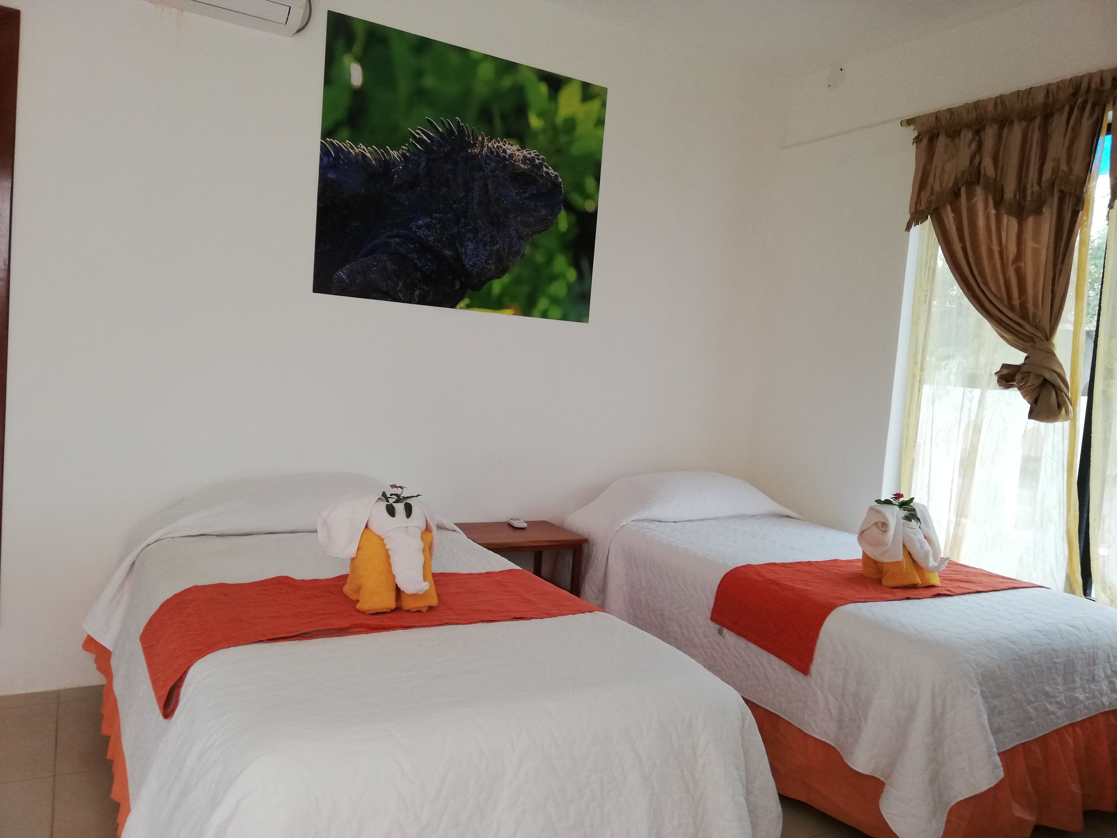 Habitación de hotel con dos camas, cada una con una colcha blanca y una manta roja. Hay una mesita con un control remoto y un marco de fotos en la pared sobre las camas.
