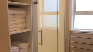 A bathroom with a glass shower enclosure, a towel rack, and a window. - Modern Home in Convenient Location (Auckland)