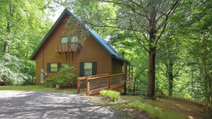 A wooden cabin with a porch, surrounded by trees.
