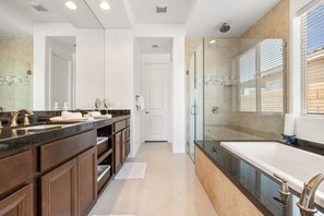 Shower, jetted bath, free toiletries, hair dryer