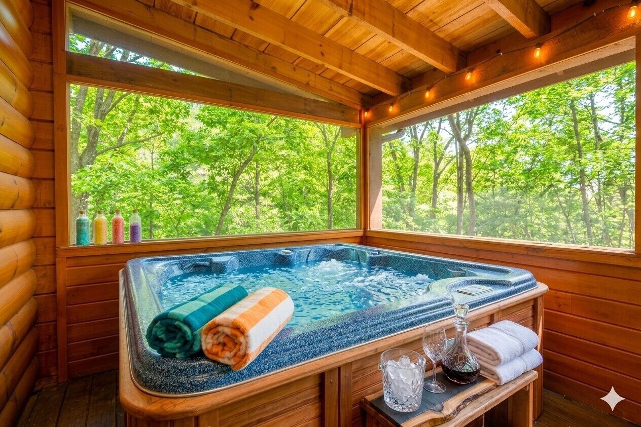 A wooden cabin with a hot tub, large windows, and a view of a forest.