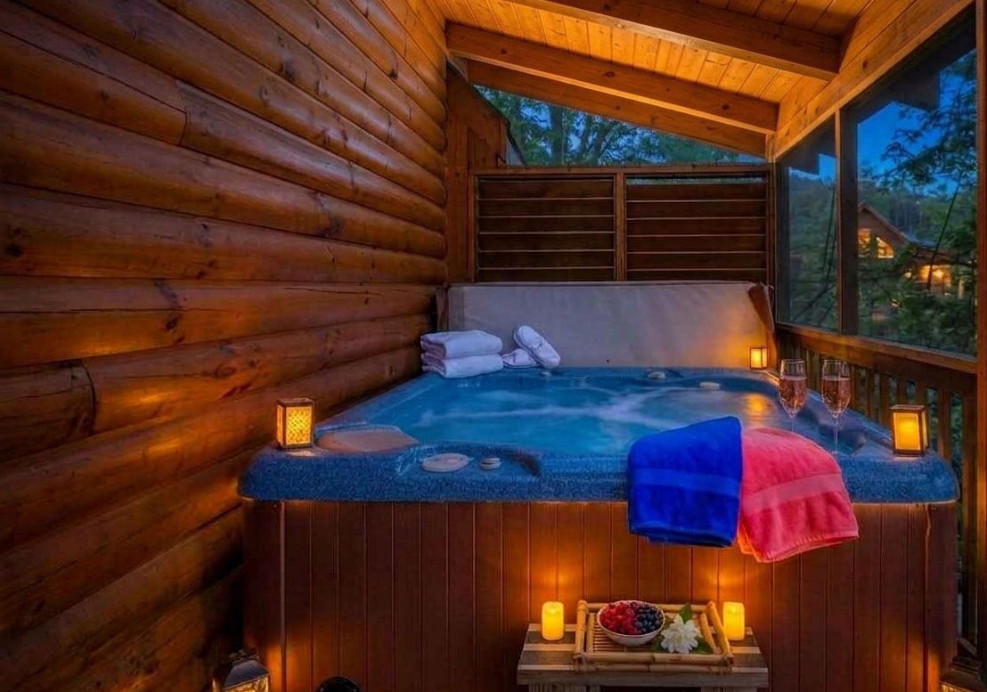 Une cabane en rondins avec un bain à remous, des serviettes, des bougies et un panier de fruits.