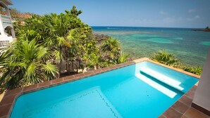 A swimming pool with clear blue water, surrounded by lush green tropical plants and a view of the ocean. - West End waterfront w/Amenities and Views to Match! (Roatan)