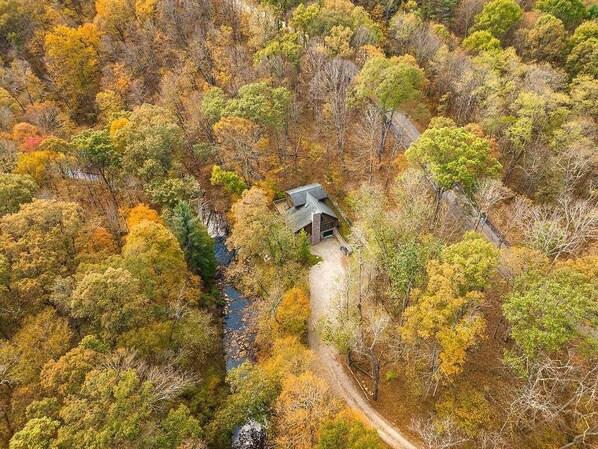 Vista aérea de una cabaña apartada rodeada de un bosque denso, con un sendero de tierra que la lleva a ella.