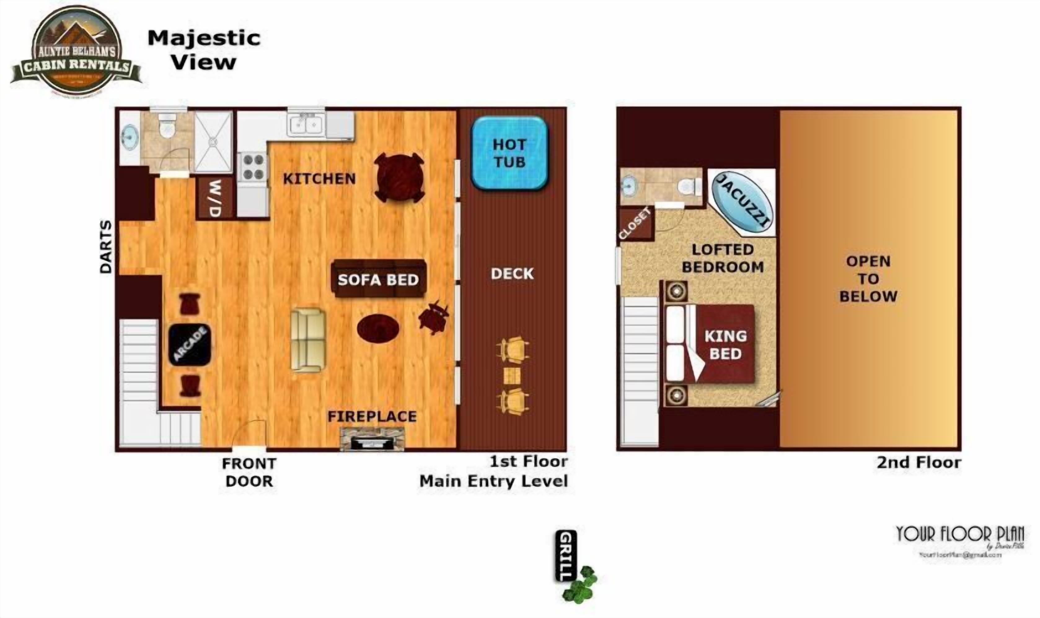 Distribución de un piso primero con cocina, sofá cama, chimenea y jacuzzi.