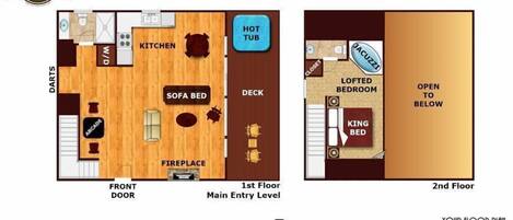 Distribución de un piso primero con cocina, sofá cama, chimenea y jacuzzi.