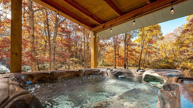 A hot tub area with a wooden roof and a view of autumn trees.