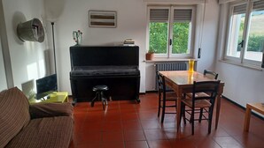 Un salon avec un piano, une table à manger entourée de chaises, un canapé, un radiateur et une fenêtre donnant sur un paysage verdoyant.