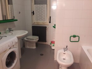 Bathtub, hair dryer, bidet, towels