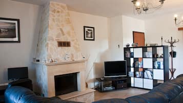Televisión, chimenea, reproductor de DVD y libros