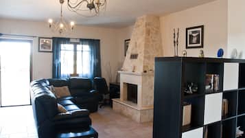 TV, caminetto, lettore DVD, libri