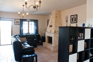 TV, fireplace, DVD player, books